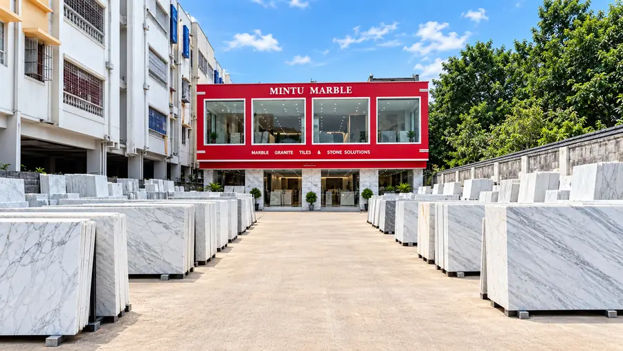The Mintu Marble showroom frontage with marble slabs stood along the yard